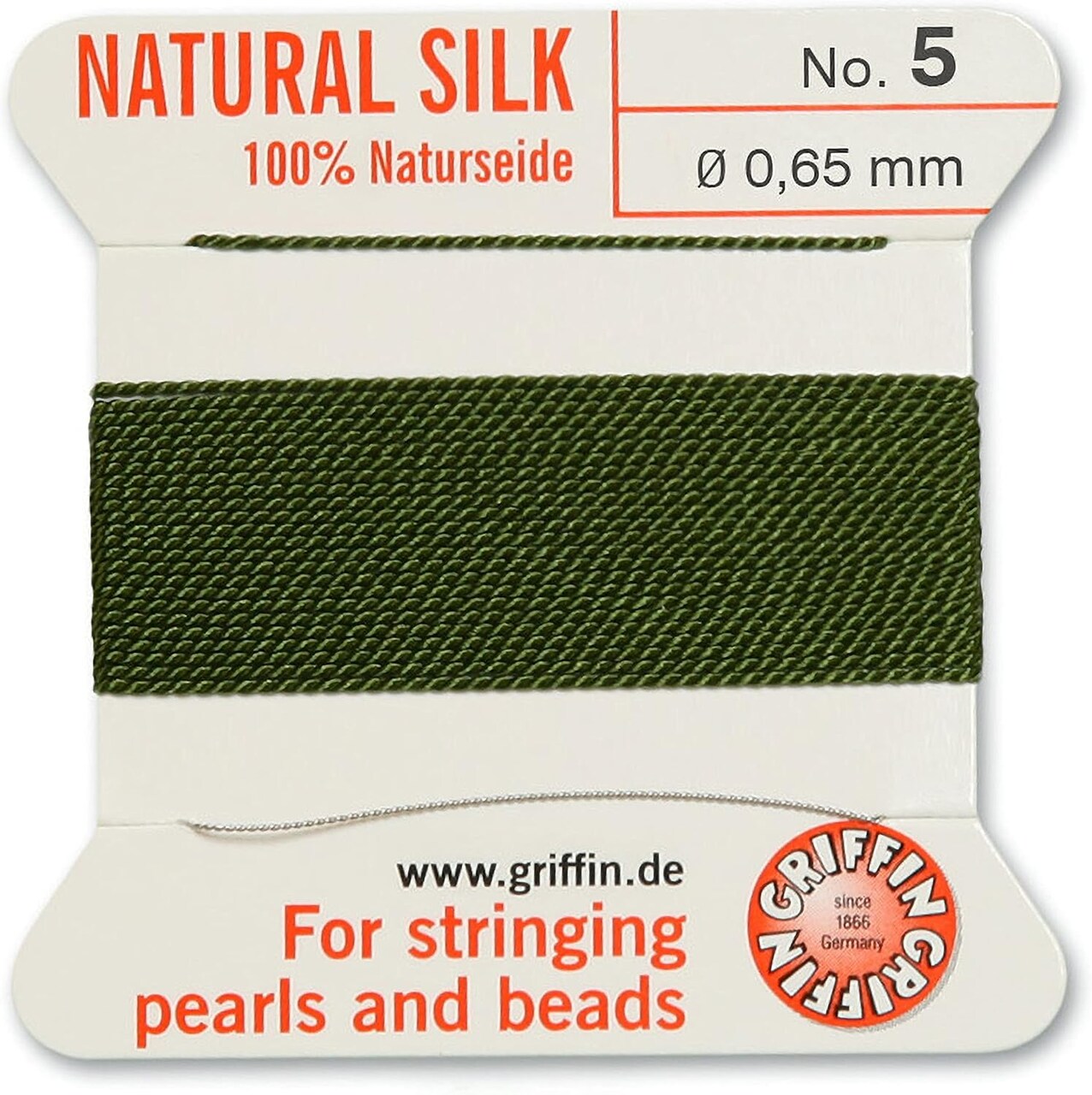 Griffin Silk Bead Cord Perlseide – Size 5 (0.65mm) – 2 Meters per Card – Stainless Steel Needle Attached – for Knotting Pearls, Gemstones, Crystals and Beads